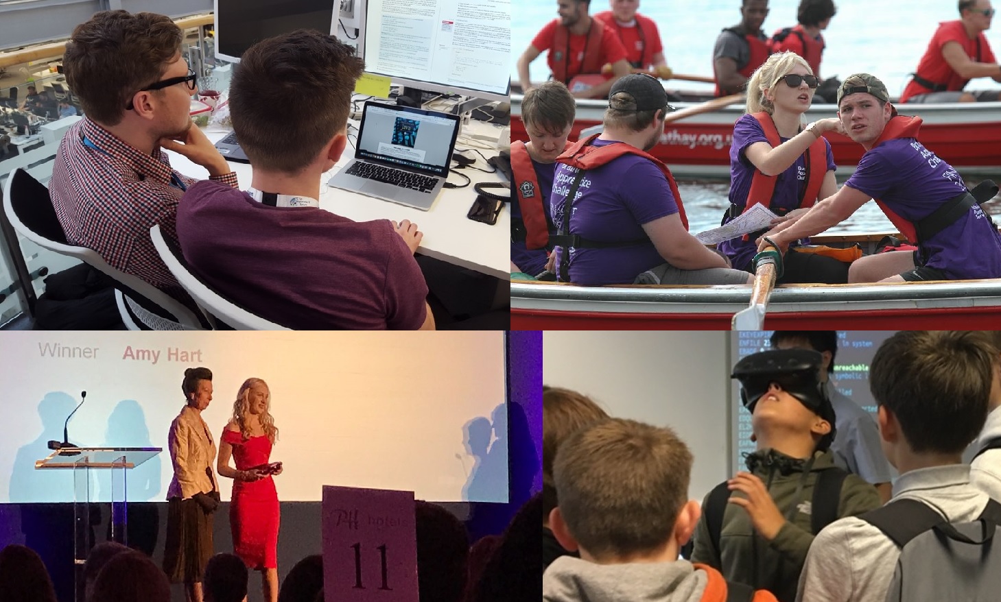 HMRC Digital Apprentices in 4 images. Two sit at a desk with a laptop and screen. A group of apprentices on a rowing boat. A female apprentice accepts an award from HRH Princess Anne. Students try out a virtual reality headset.