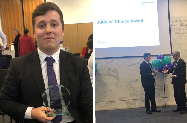 Two images of Blake Meyrick at the HMRC apprenticeship awards