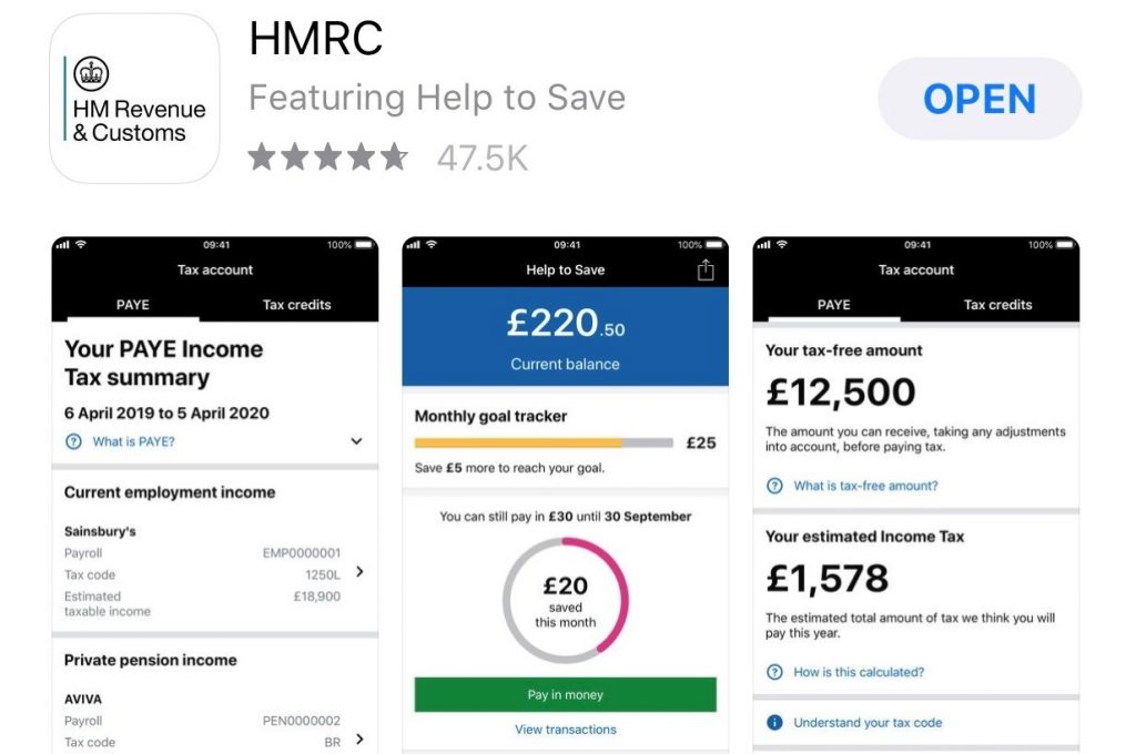 A screen shot of the HMRC mobile app on the App Store