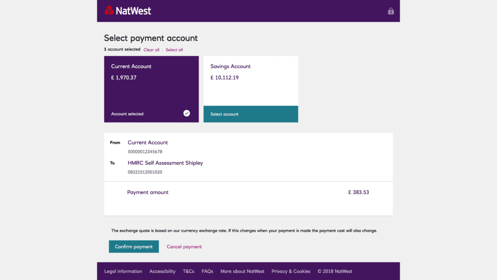 An example NatWest bank payment summary 